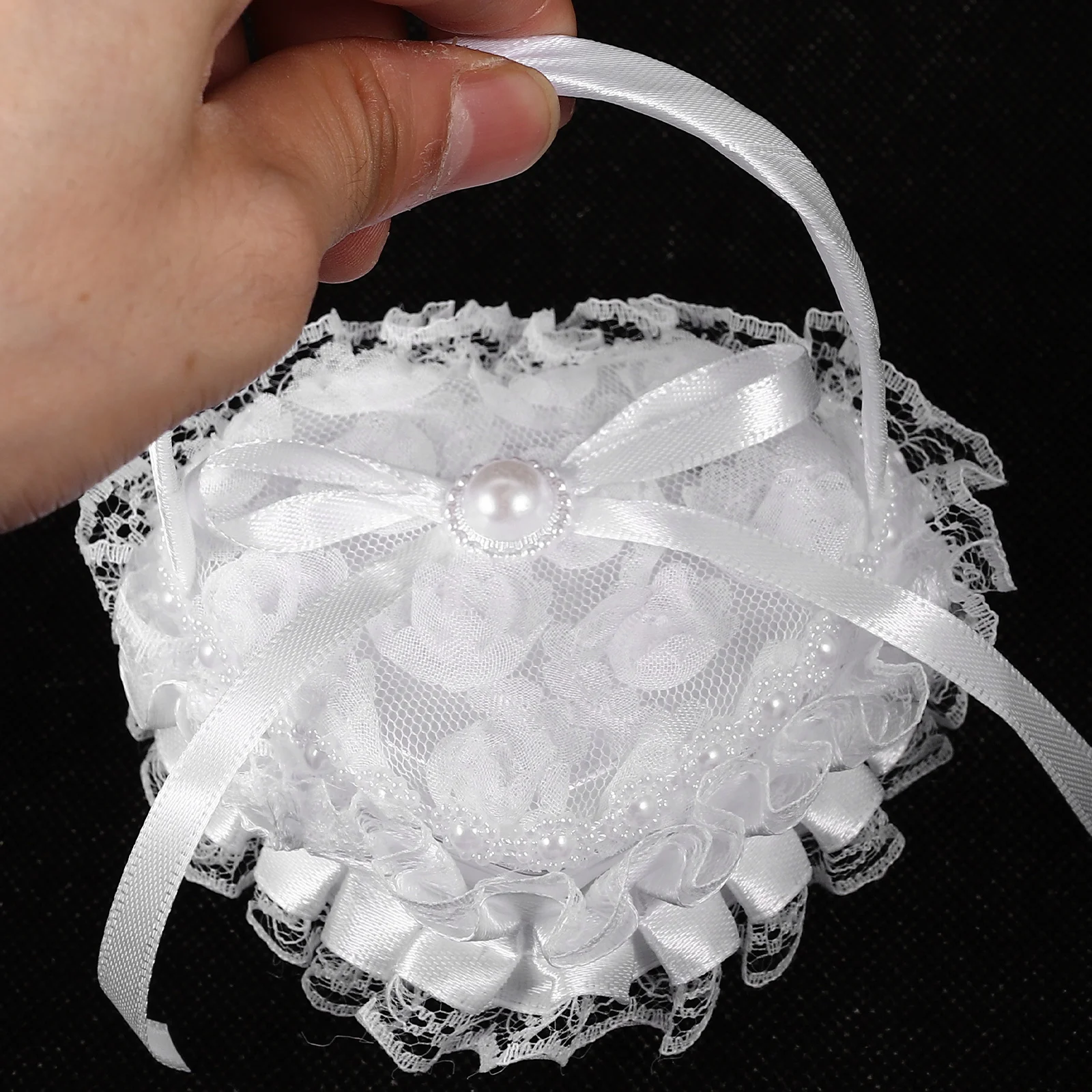 Wedding Heart Shape Lace Ring Pillow Cushion Romantic Engagement Ring Box Holder With Handle For Valentine'S Day Ceremony