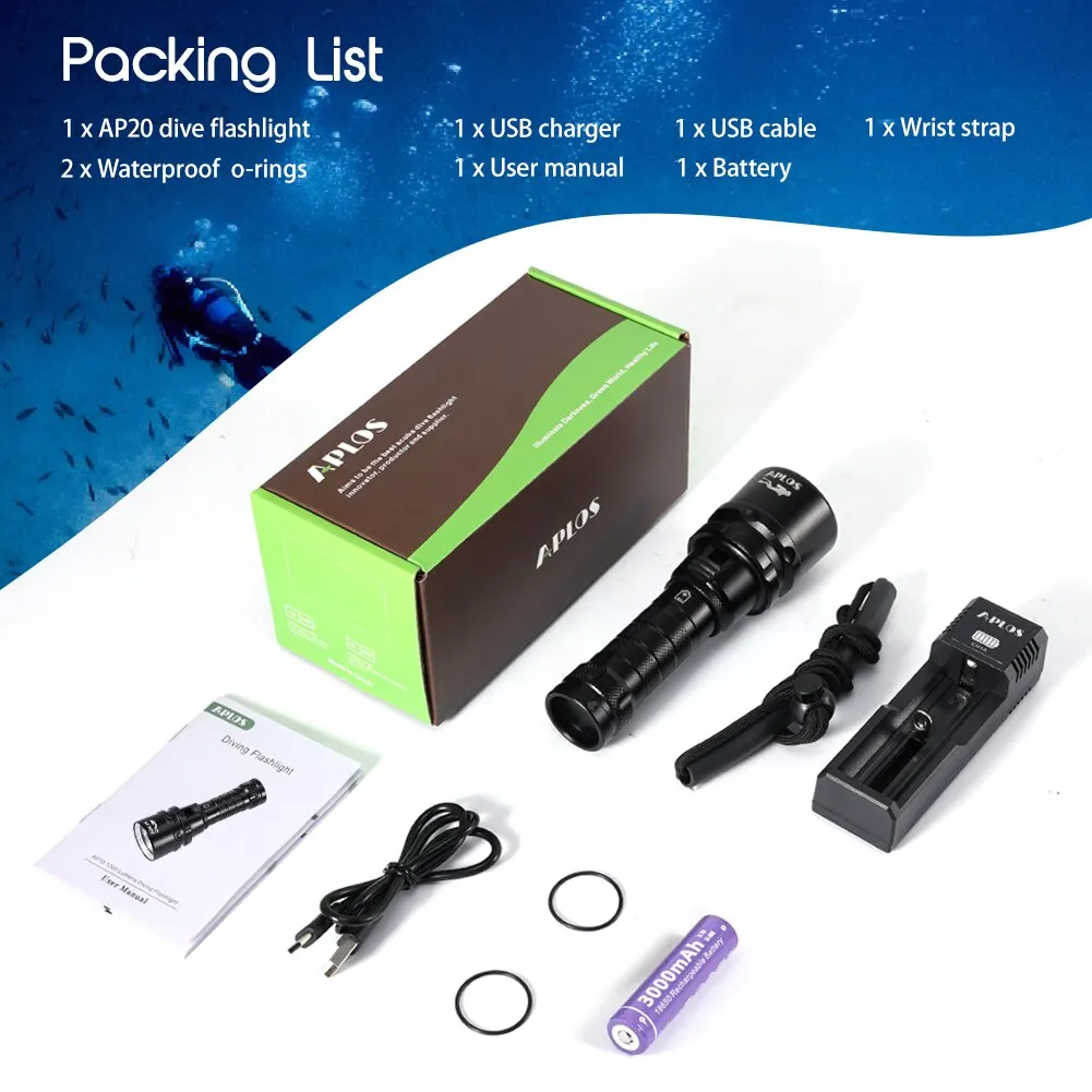 APLOS AP20 다이빙 라이트, 2000 루멘 스쿠버 다이빙 손전등, IPX8 방수 수중 토치, 충전식 배터리 충전기 포함