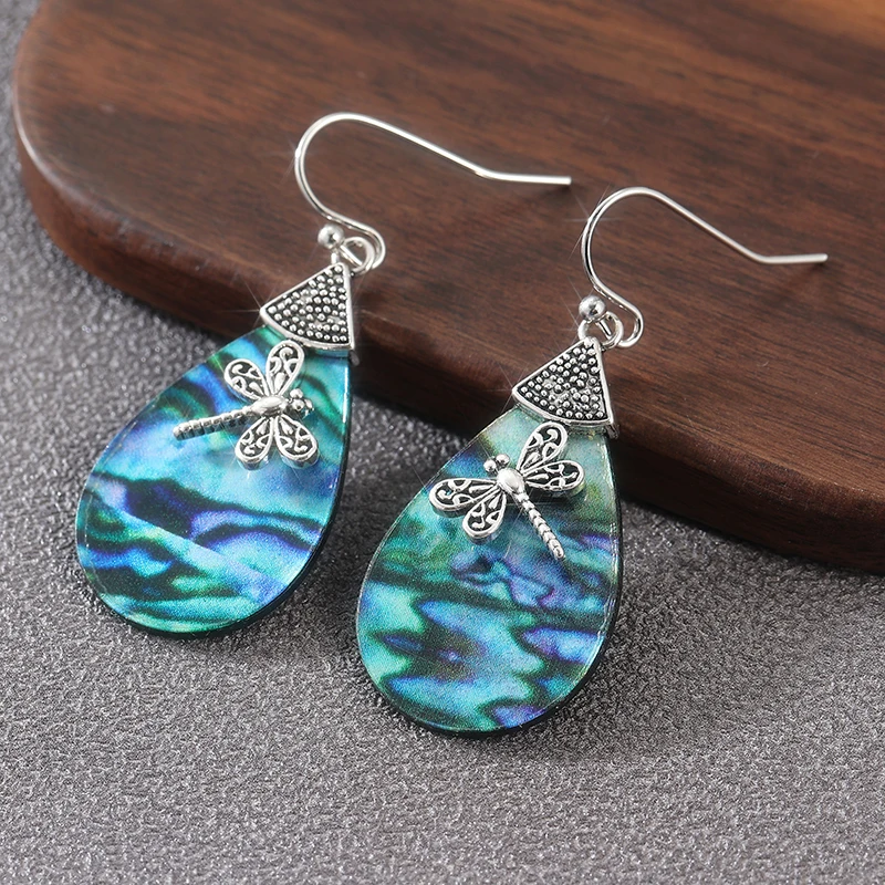 Pendientes colgantes de estilo bohemio a la moda, pendientes con patrón de libélula y gota de agua de piedra, joyería personalizada para mujer