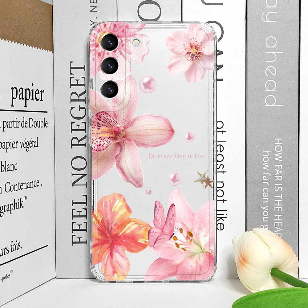 Luxury Pink Pearl Flower Pattern Clear Soft Phone Case