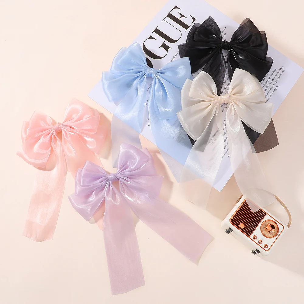 1PCS Mädchen Blau Rosa Satin Bowknot Haar Clips Süße Große Band Bogen Haarspange Haarnadel Pferdeschwanz Clip Haar Zubehör Frühling sommer – Detail 2