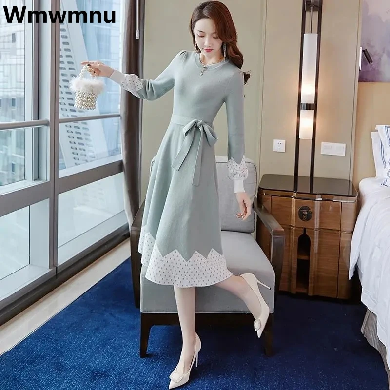 

Elegant Knitted Midi Dress Women Thick Knitwears Vestidos A-line Autumn Winter Dresses Lace-up Korean O-neck Long Sleeve Robe