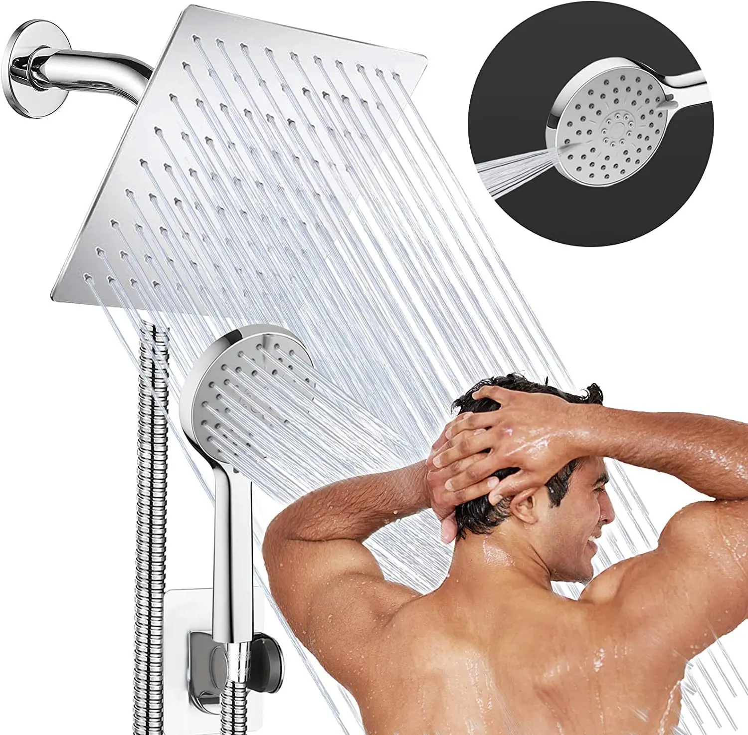 Description Picture 2 of item8/10 Inch Black Bathroom Rain Shower Set with Hand Shower Head Luxury Ceiling High Pressure Shower System Bathroom Faucet Set