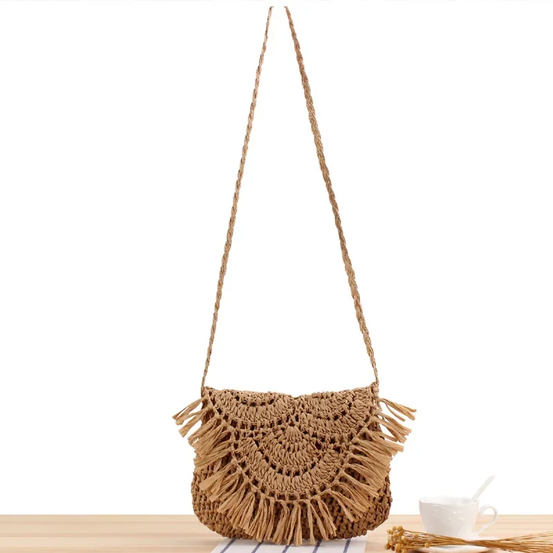 Loudy ZDZ Boho Straw Tote Bag - Hand-Woven Beach Bag With Adjustable Leather Strap, Summer Shoulder Bag