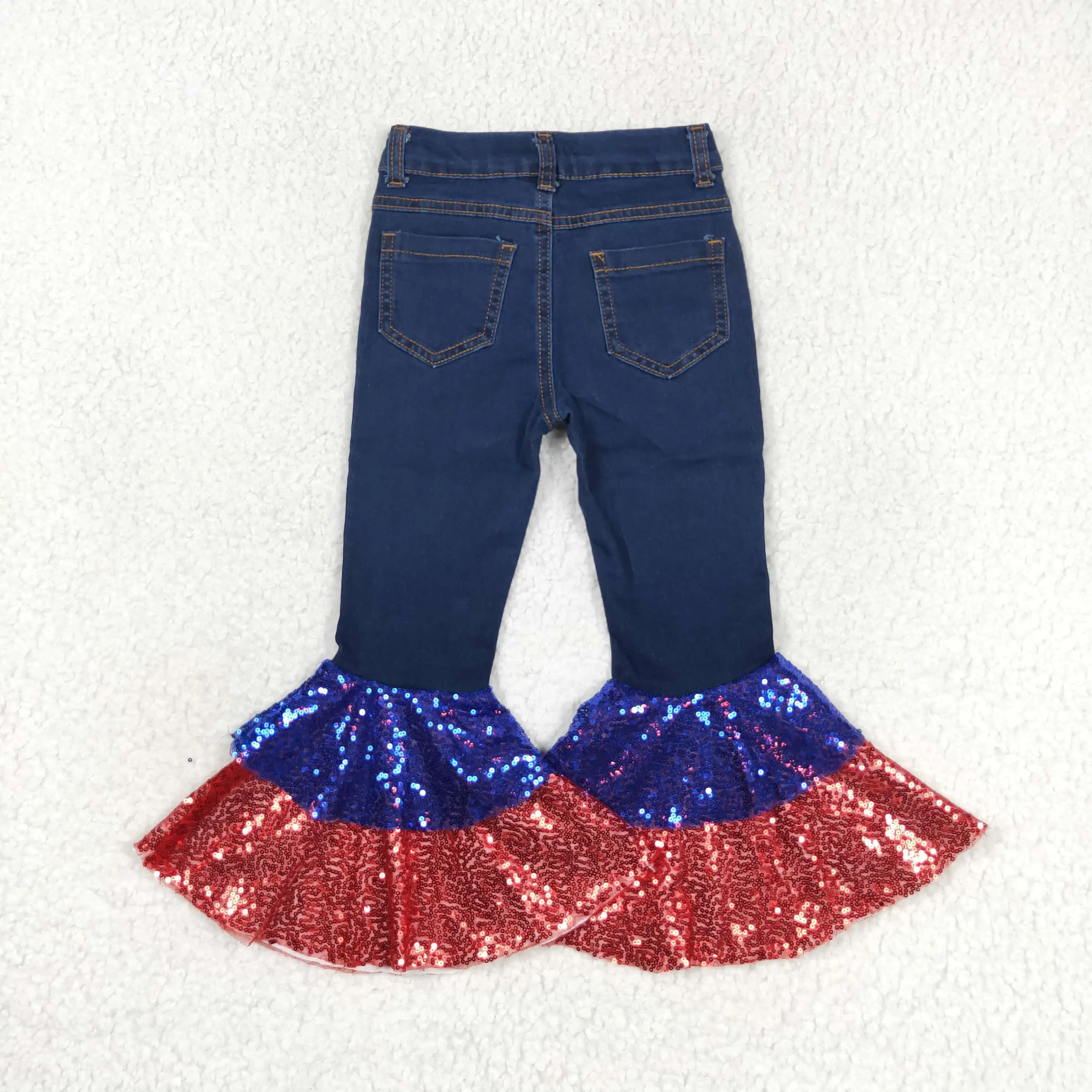 Wholesale Baby Girl Red Blue Sequins Denim Bell Bottom Pocket