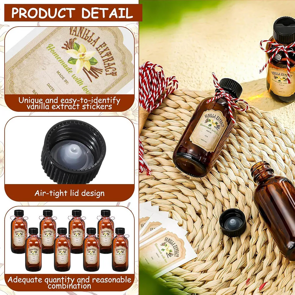 Amber Glass Bottle Boston Round Bottles Brown Vanilla Extract Bottles for Syrup Gift Glass Food Storage Canister Set Sauce Beans 3