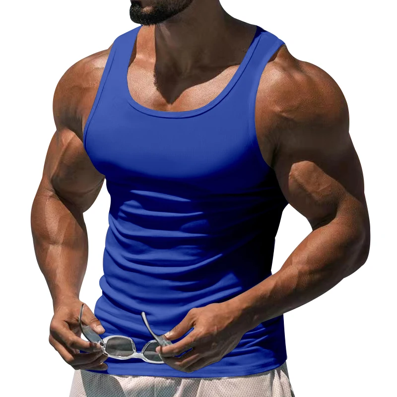 2024 europäische und amerikanische Sommer Fitness Sport Trainings weste Amazon grenz überschreitende Männer einfarbig lässig atmungsaktiv i-Tank mich – Detail 29