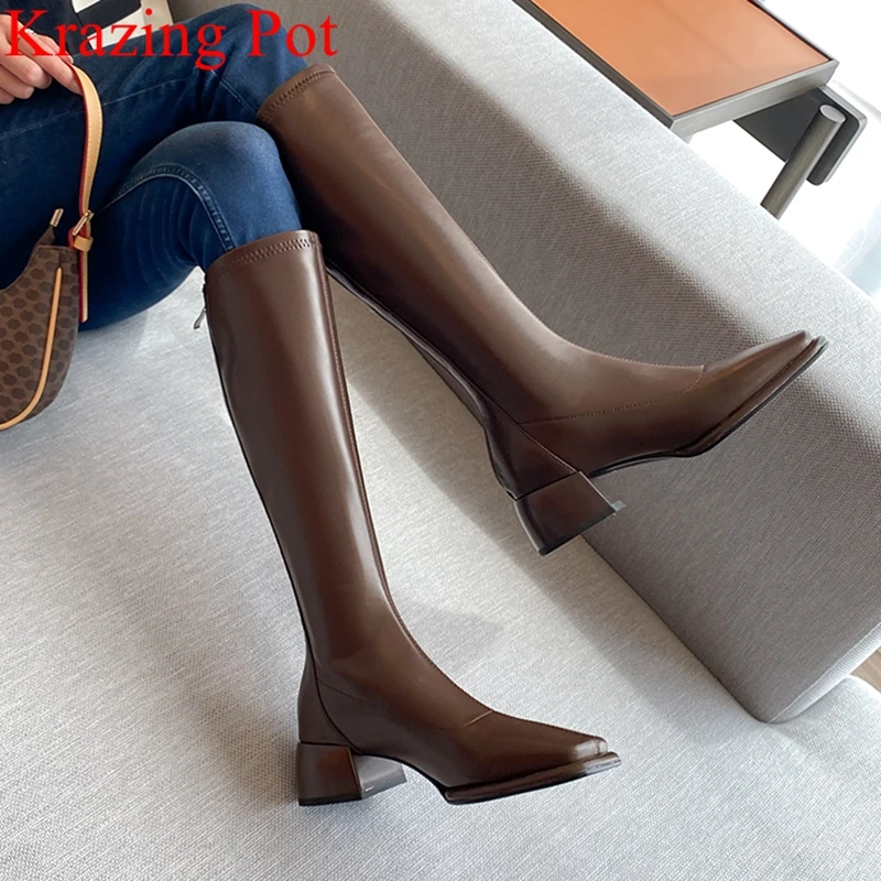 

Krazing Pot 2023 High Quality Med Heel Long Stretch Boots Warm Winter Shoes Square Toe Concise Office Lady Solid Knee-high Boots
