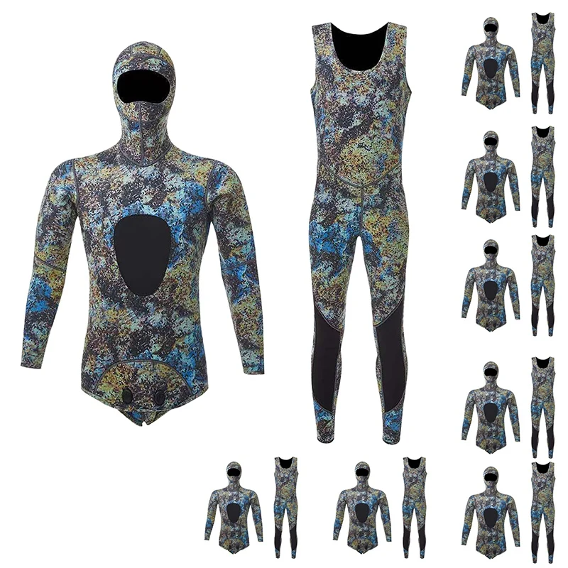 

New-2 Pieces Of Diving Suit Camouflage Diving Long Sleeve Hooded Submersible Suit Warm Diving Suit For Men S