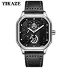 YIKAZE Alloy Men Quartz Watches Leather Strap Big Dial Student Square Sports Watch Cool Black Men's Watch Waterproof  Wristwatch 3