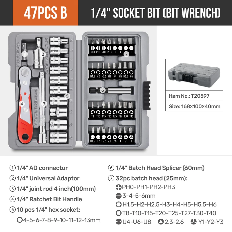 Apollo 1/4" Drive Quick-Release Ratchet & Bit Set, Cr-V Steel w/ Phillips/Slotted Screwdrivers for Auto Repair & Hand Tools image 7