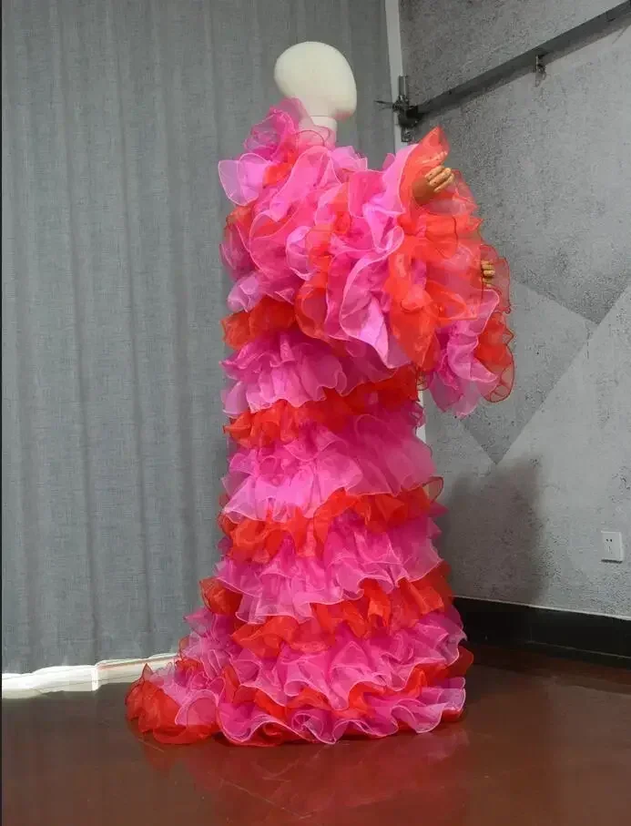 Jaqueta de organza de camadas longas para mulheres, mangas