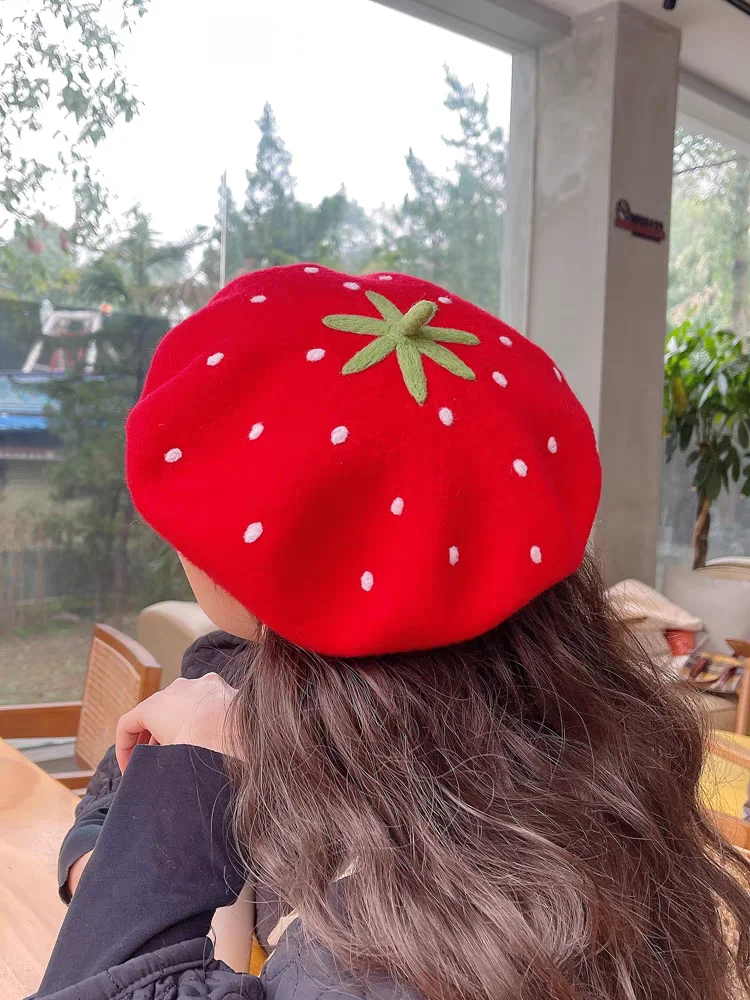 

Beret Autumn and Winter New Handmade Wool Beret Fruit Pumpkin Hat Cute Soft Girl Small Leaf Painter Hat Wool boina mujer