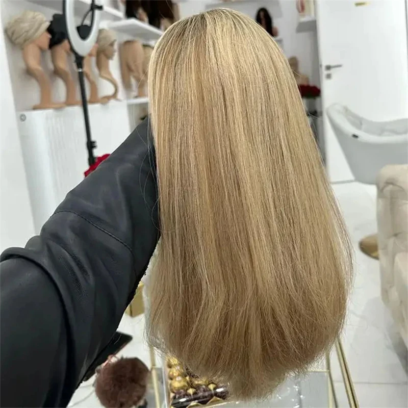 New Honey Blonde Bob Wig Light Brown Highlights High Heat Fibre Synthetic Lace Front Wigs Short Straight Cosplay Wig for Women