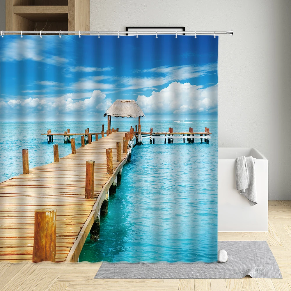 

Seaside Wood Bridge Sunshine Waves Sunset Shower Curtain Waterproof Cloth Bathroom Decor Bath Screen With Hooks