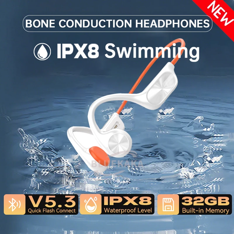 Auriculares inalámbricos de conducción ósea (2025), resistentes al agua IPX8, para natación, 32 GB de RAM, reproductor de MP3, Bluetooth 5.4, micrófono, para música, deportes y running.
