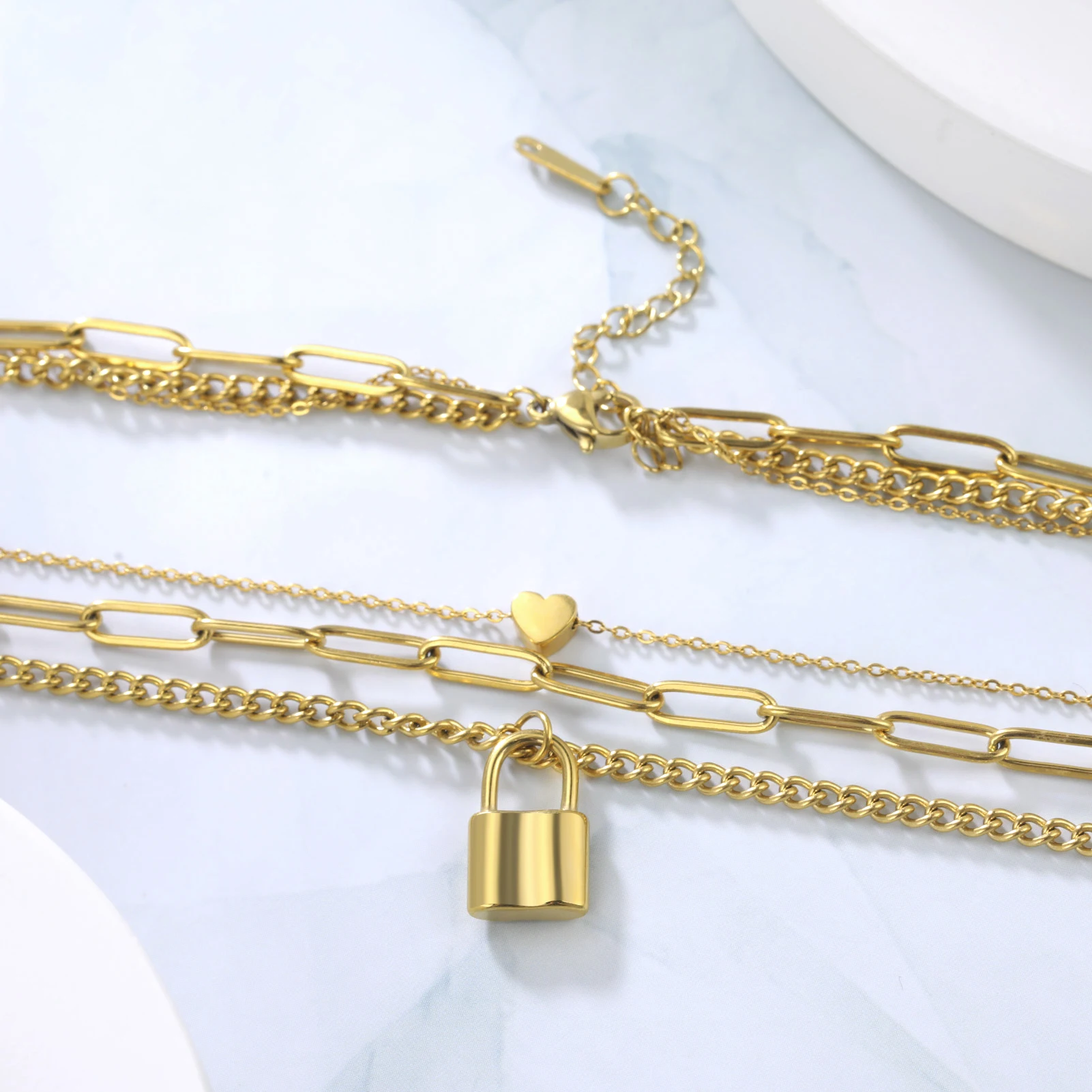 Collana Uomo Donna In Acciaio Inox Oro, Catena Quadrata Con Anello E Lucchetto, Gioiello Creativo - 5