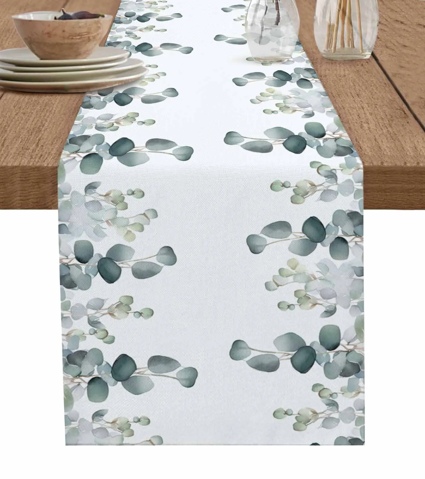 

Spring Watercolor Plant Leaves Table Runner Wedding Decor Table Runner Holiday Dining Table Decor Linen Tablecloth