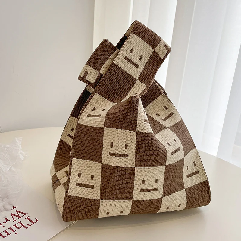 New Wide Striped Handmade Knitted Handbag Minimalist Korean Women Mini Knot Wrist Bag Tote Bag Student Reusable Shopping Bags