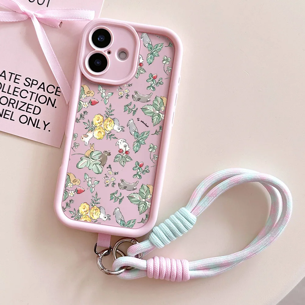 Floral Rabbit Phone Case with Wrist Chain Lanyard