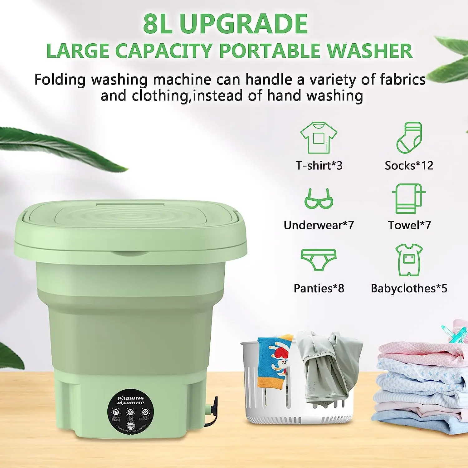 8L Portable Washing Machine With Spin Dryer Travel Automatic Mini Underwear Sock Cleaner Centrifugal Foldable Washing Machine