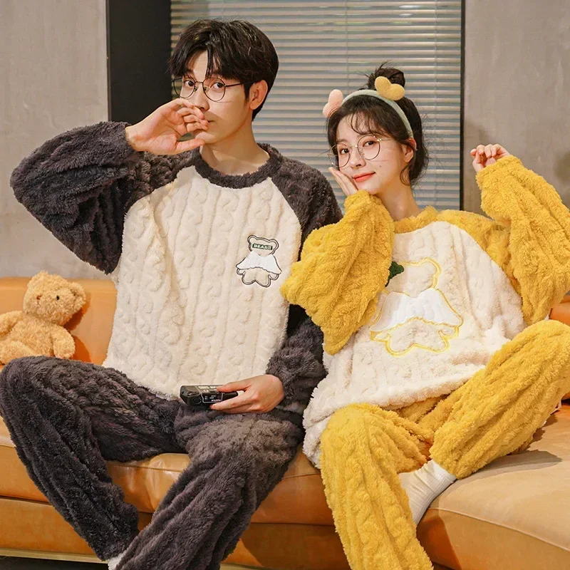 Men's and Women's Pajamas Thickened Coral Fleece Pullover  Warm Winter Plush Sleepwear Men's Home Clothes In Autumn & Winter