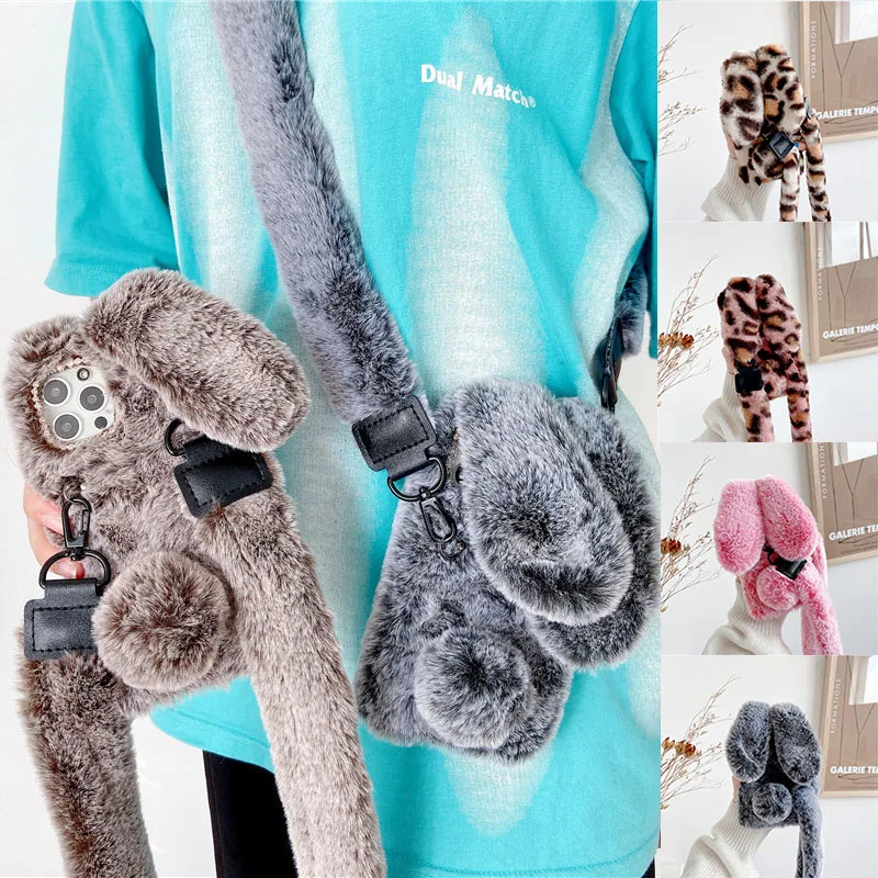 

3D Rabbit Ears Fur Plush Phone Case With Lanyard Chain For Xiaomi Redmi 10C 9T 10 Note 11 Pro Case 11S Mi M4 X4 11T 11I Lite 12