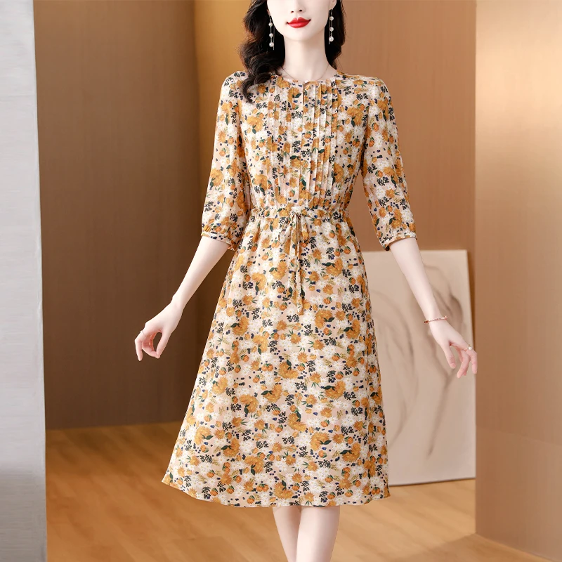 

2023 New Fashion Retro Print Dress Women's Summer Elegant Versatile Loose Fit 3/4 Sleeve Casual Holiday Dress Vestidos