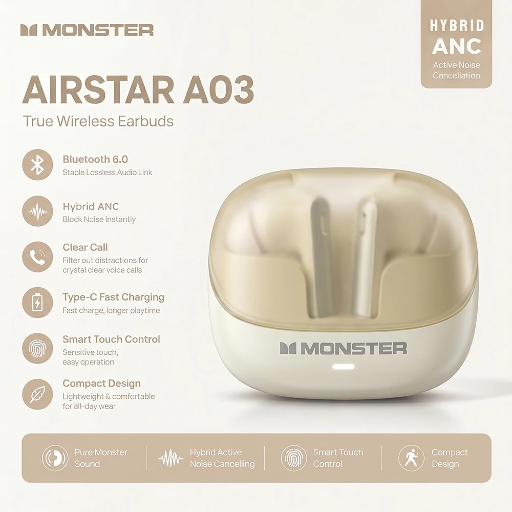 سماعات أذن لاسلكية Monster A03 هجينة مع خاصية إلغاء الضوضاء النشطة، بلوتوث 6.0، صوت عميق قوي، سماعات رياضية مع إلغاء الضوضاء النشط، سماعات أذن لاسلكية حقيقية
