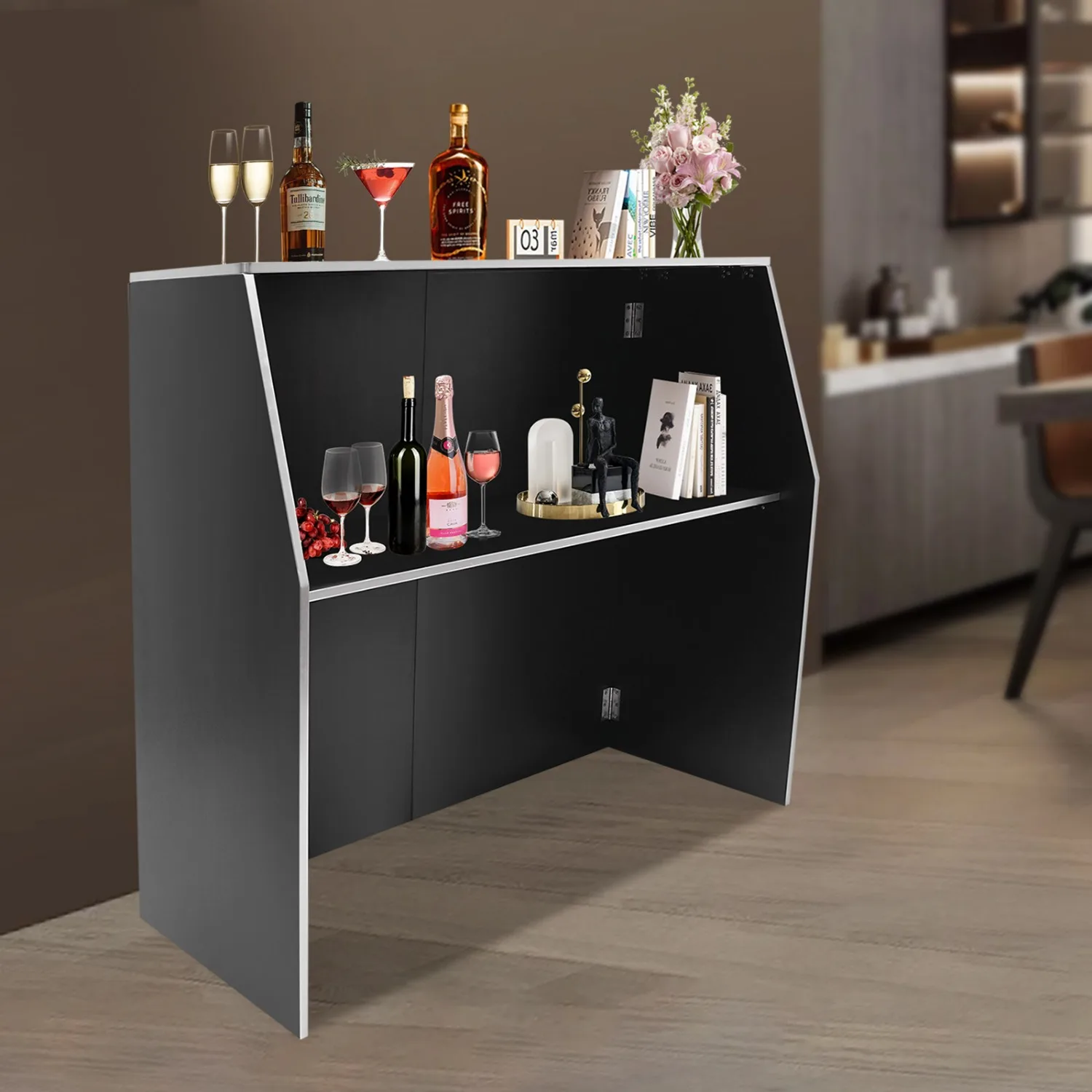 Folding Portable Event Bar with Top and Middle Shelves, Bartender Table Cabinet Station, Mobile Laminate for Parties and Events