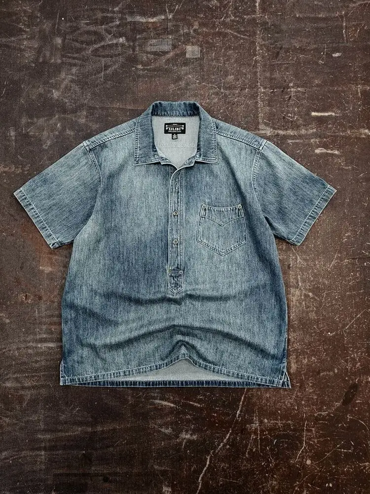 

High Quality Retro Short Sleeve Shirt Amekaji Wear Washed Distressed Pullover Men's Clothing
