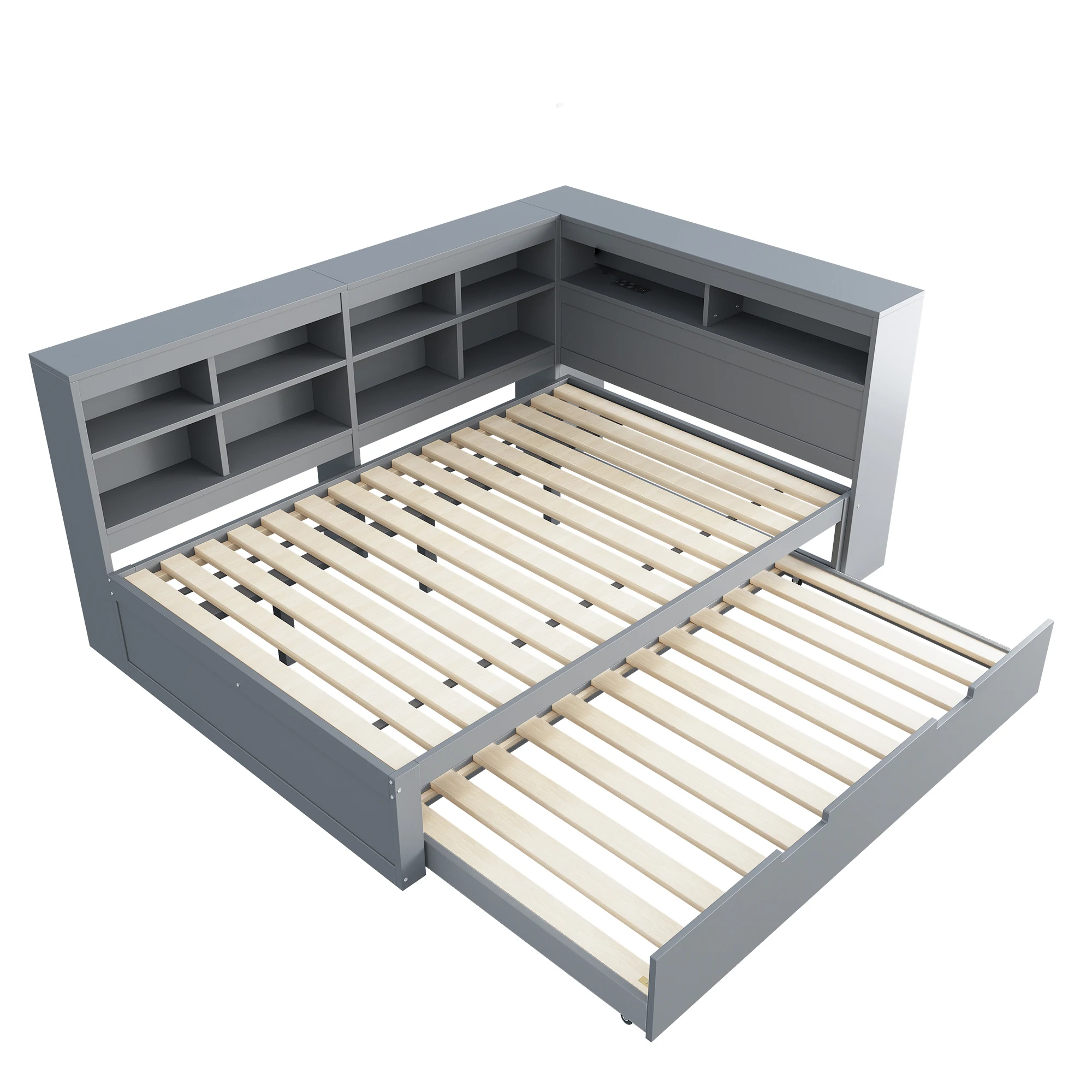 KOMHTOM multifunktionales Massivholzbett Schlafsofa 140x200 mit ausziehbarem Bett 90x190 USB Steckdose und mehreren Ablagefächer – Detail 6