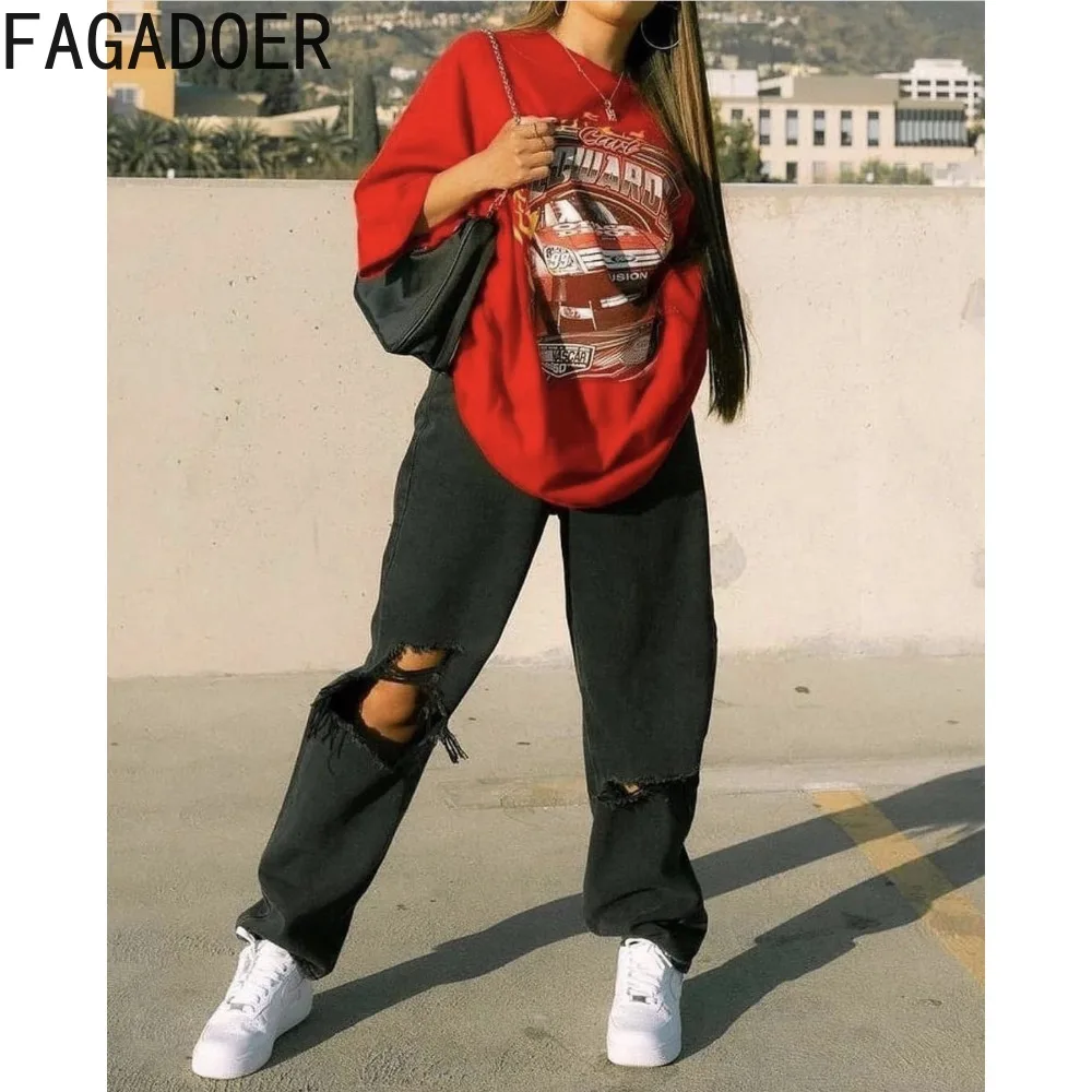 FAGADOER Black Casual Hole Straight Denim Pants Women High Waist Button Loose Trousers Fashion Female Matching Trend Streetwear