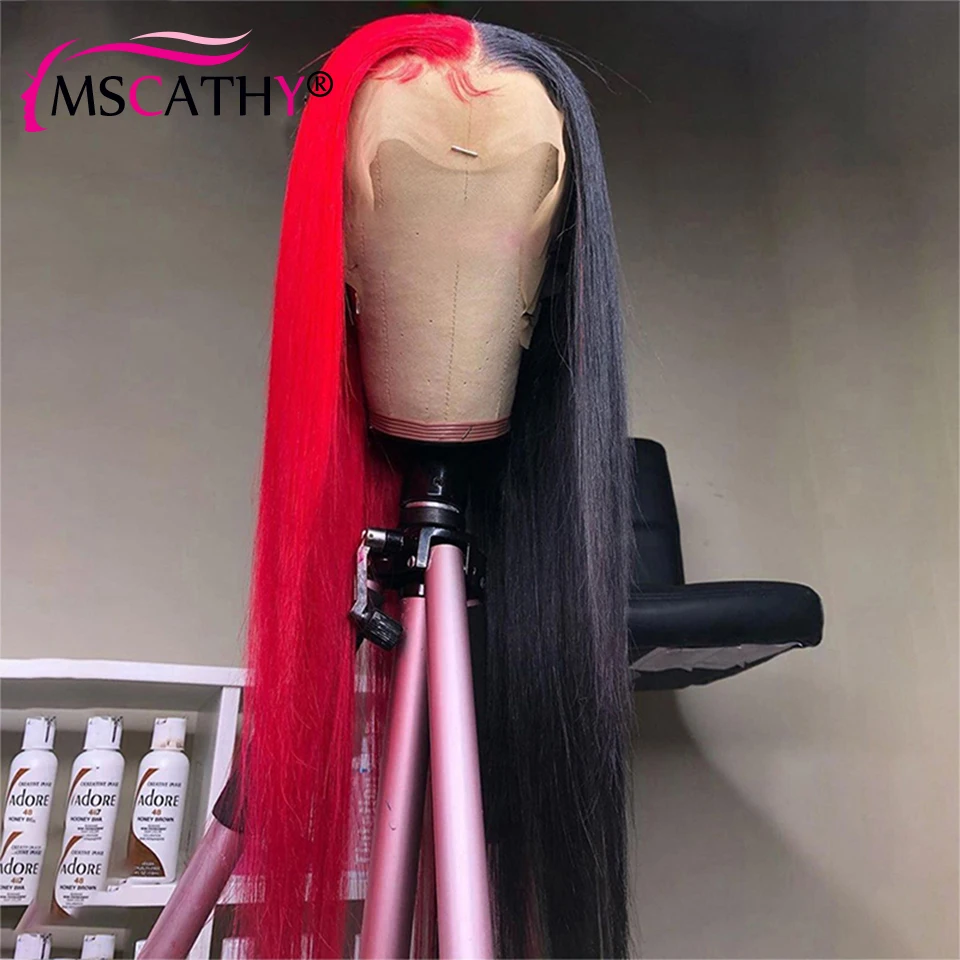 Long Straight Black Half Red Lace Front Wigs 613 Blonde Brazilian Human Hair Wigs For Women 4x4 HD Transparent Lace Closure Wig