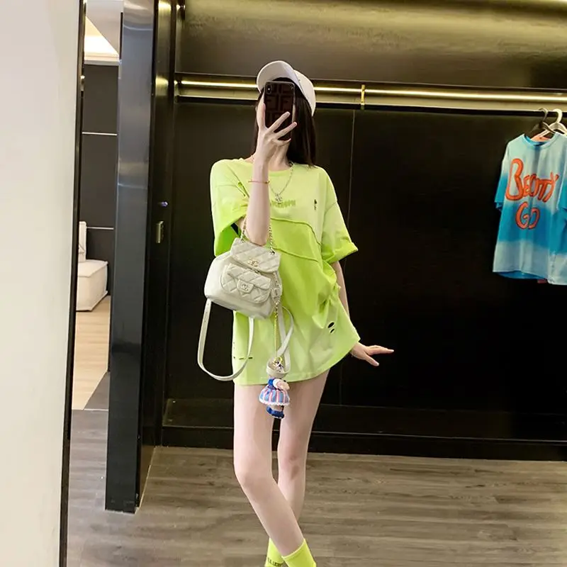 

EBAIHUI Fluorescent Green Short Sleeved T-shirt 2024 New Fashion Oversize Style Women T Shirt Summer Loose Round Neck Casual Top
