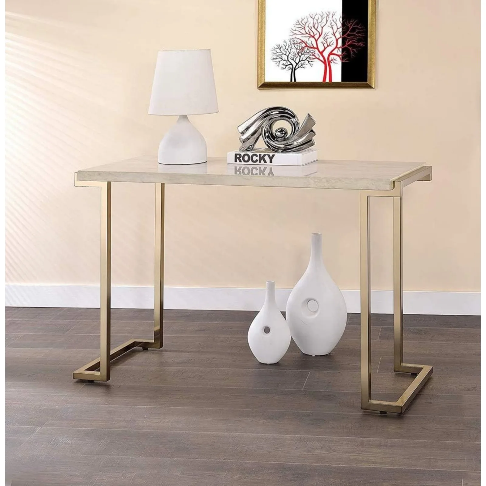 US Boice II Rectangular Faux Marble Top Console Table in Champagne Beige