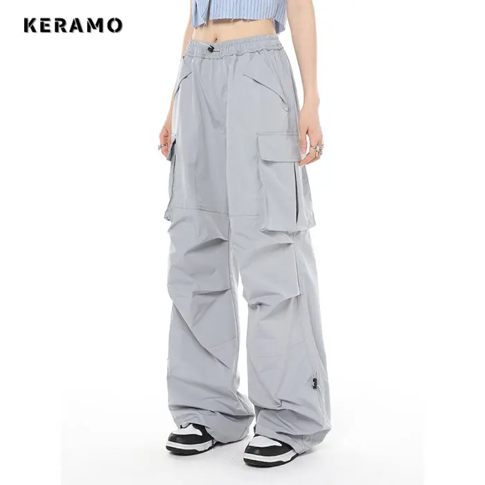 American Retro Hip-hop High Street Casual Overalls Solid Color Loose Wide Leg Pants Women Y2k Cargo Grunge Baggy Trousers