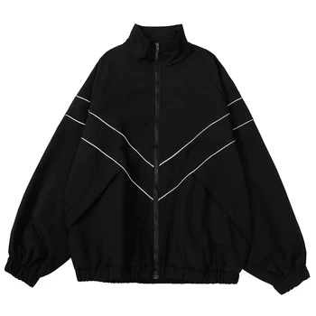 Veste coupe-vent à rayures réfléchissantes pour hommes, manteau Hip Hop, Streetwear, fermeture éclair, Harajuku, manteaux fins, sport, noir, bleu, 2024
