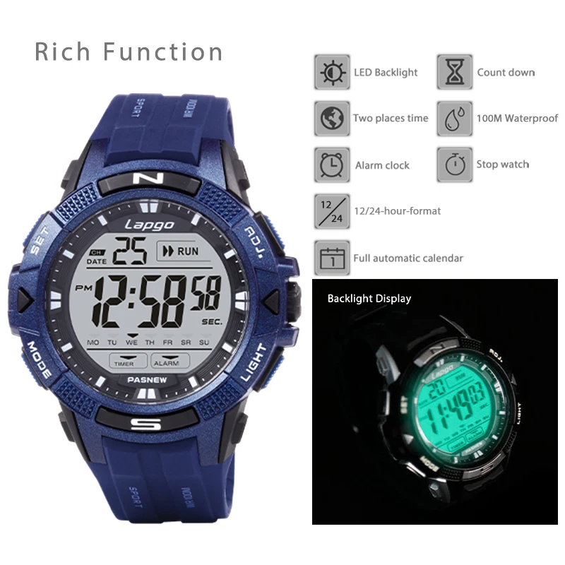 Waterproof Digital Watches Man Blue Blacklight Casual Sport Hand Clock Boy Fashion Waterproof Electronic Wristwatches Male Black