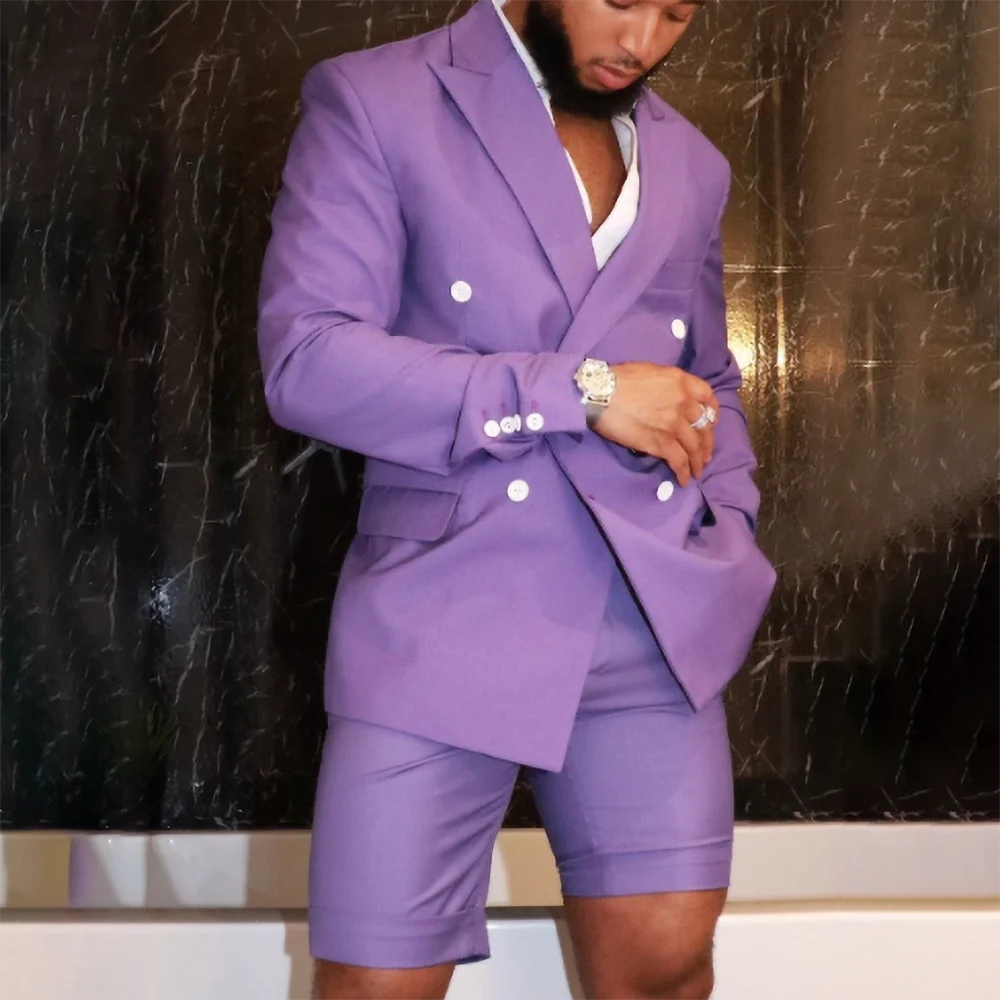 Fashion Summer Lilac Double Breasted Tuxedo For Groom Wedding Slim Fit 2 Piece Jacket Short Pants Set Formal Party Mens Suits