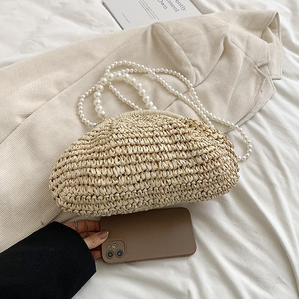 Pearls Chains Shell Straw Bag Beaded Woven Cloud Bags for Women Handbag Paper Rope Beach Shoulder Crossbody Bag Dumpling Tote