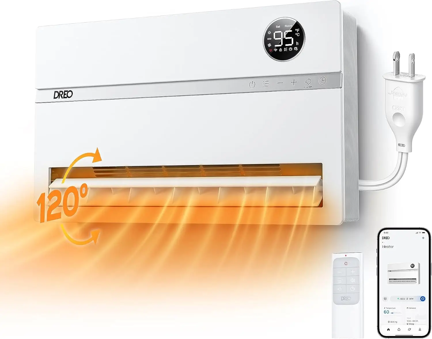 Wall-Mounted Heater, Smart Space Heater for Bedroom with Dreo FortPlug Overheat Protection, 120&deg; Vertical Oscillation, Thermosta