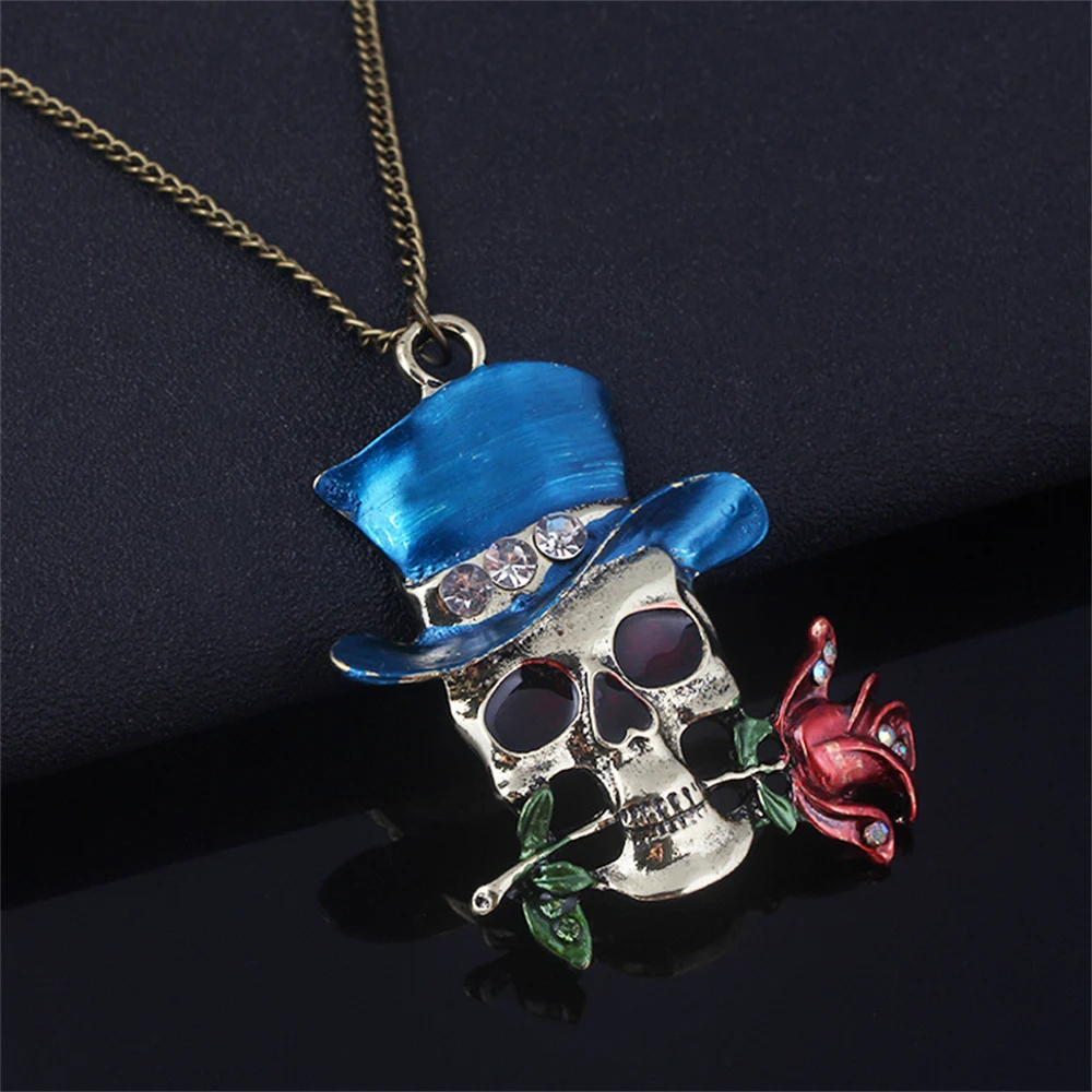 Mode Vintage Charme Skelett Rose Anhänger Halskette Halloween Schmuck Für Männer Frauen Geschenke – Detail 12