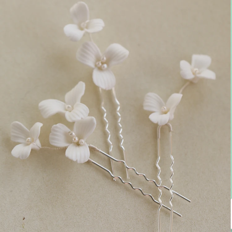 White Porcelain Flower Hair Combs Pins Party Dress Headdress Hairpins Women Headpieces Bride Bridal Jewelry Wedding Accessories