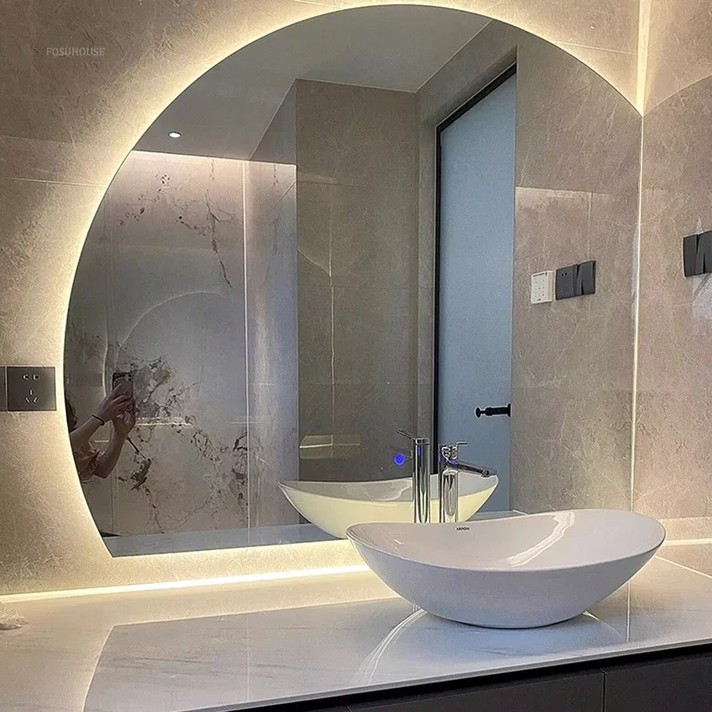 Creative Semicircular Mirror for Bathroom Large Size Touch Screen LED Light Bath Mirrors Modern Simple Glass Mirrors for Hotel