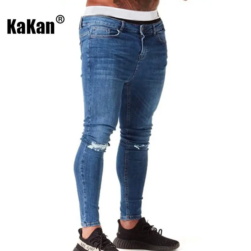 Kakan - European and American New Tight Feet Elastic Perforated Jeans for Men, Dark Blue Black Wash Jeans K40-5113