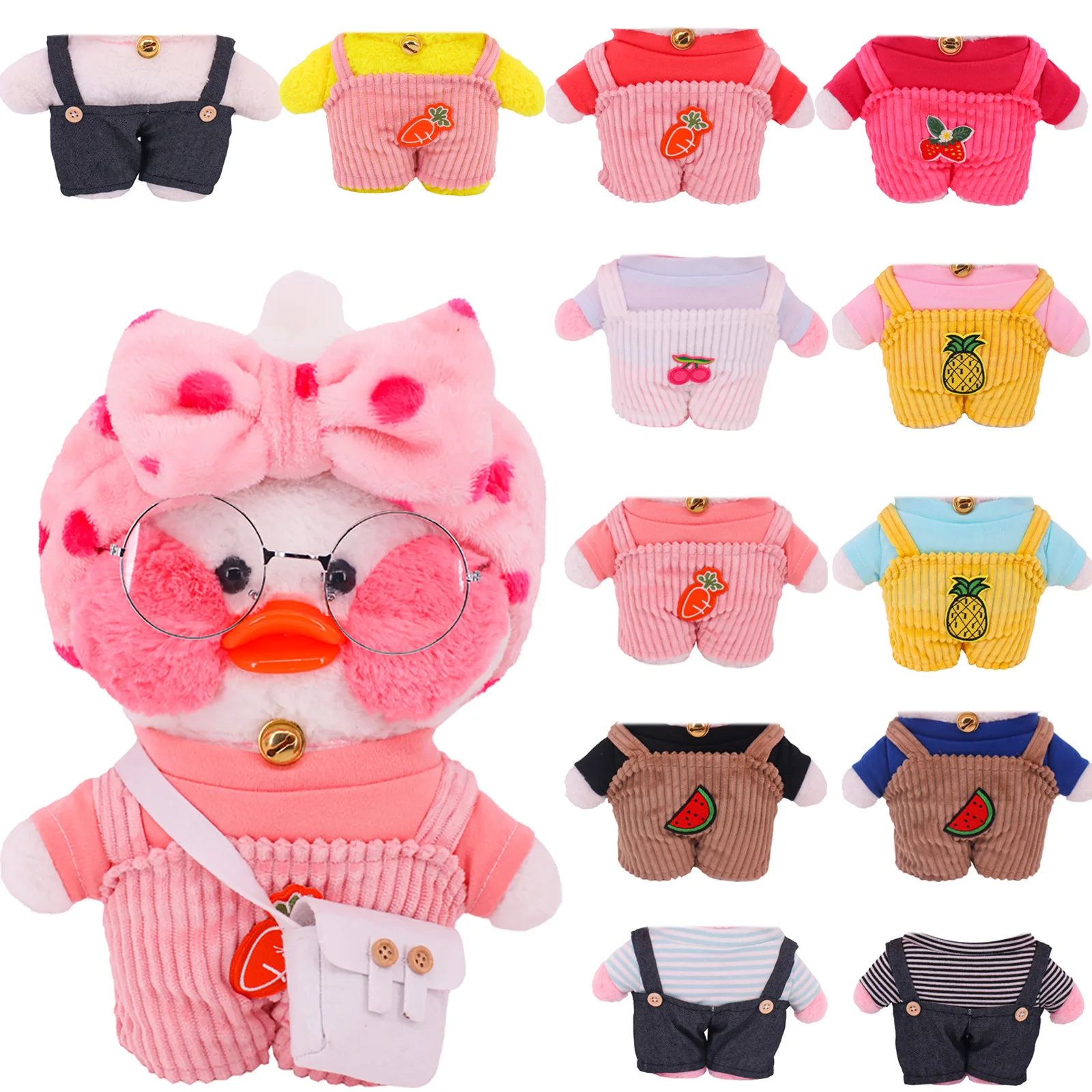 Clothes For Lalafanfan Yellow Duck 30Cm Plush Toy Set Short Sleeves&Overalls Doll Accessories Children's Toy Birthday Gifts doll clothes plush toy accessories