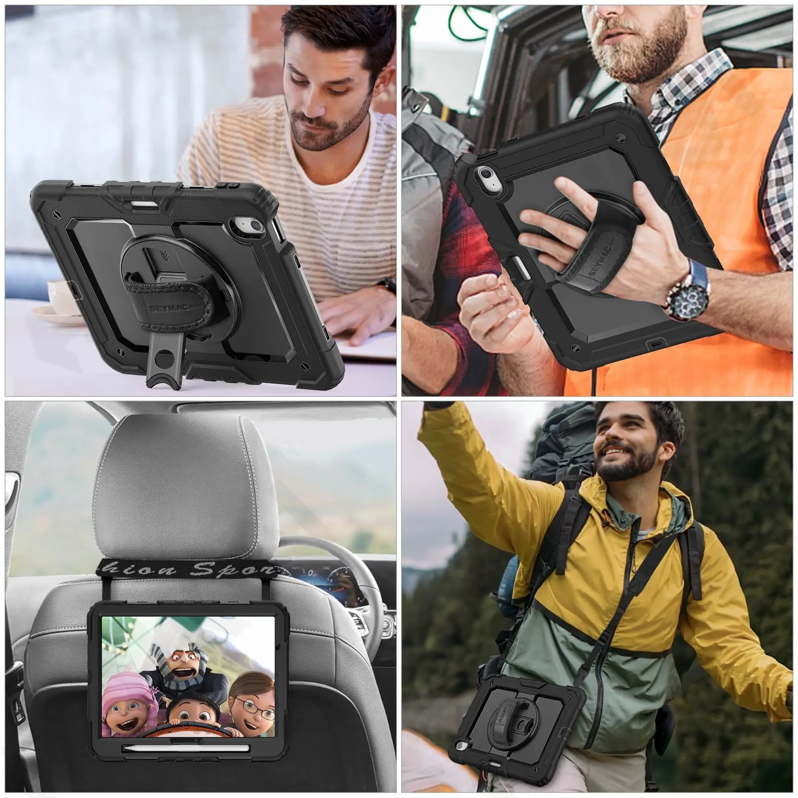 Heavy Duty Rotating Shockproof Case with Stand and Strap in Black