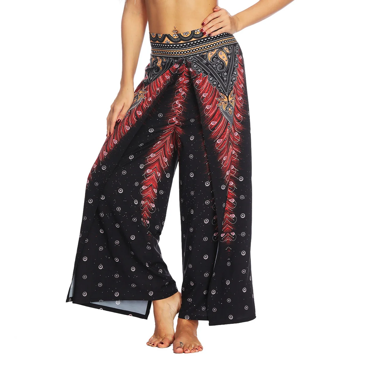 Women's Slit Wide Leg Dance Pants,Casual Hippie Bohemian Pants,Pilate Beach Boho Baggy Yoga Pants