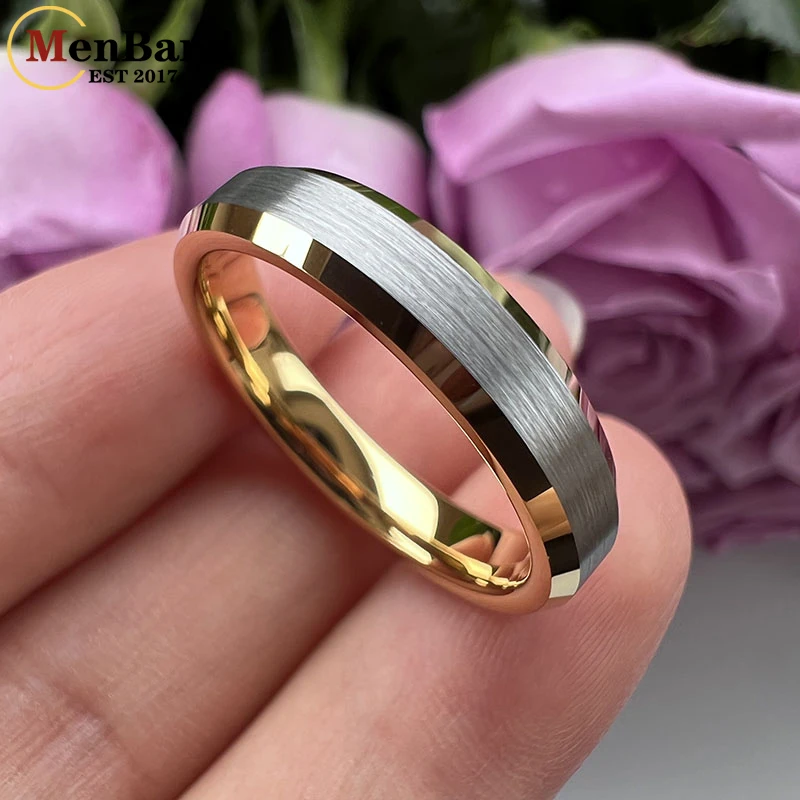 MenBand Fashion Gold Color 4MM Men Women Tungsten Carbide Wedding Ring Beveled Polished Brushed Finish Comfort Fit Size 4-12